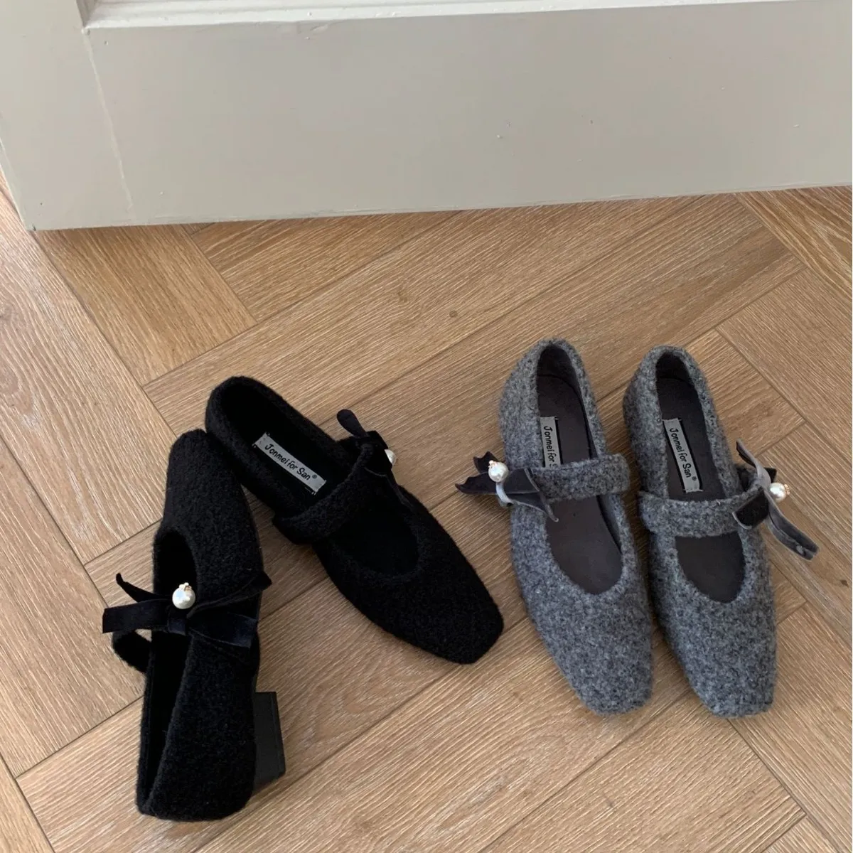 2025新款方头蝴蝶结毛呢粗低跟百搭软底通勤玛丽珍女单鞋