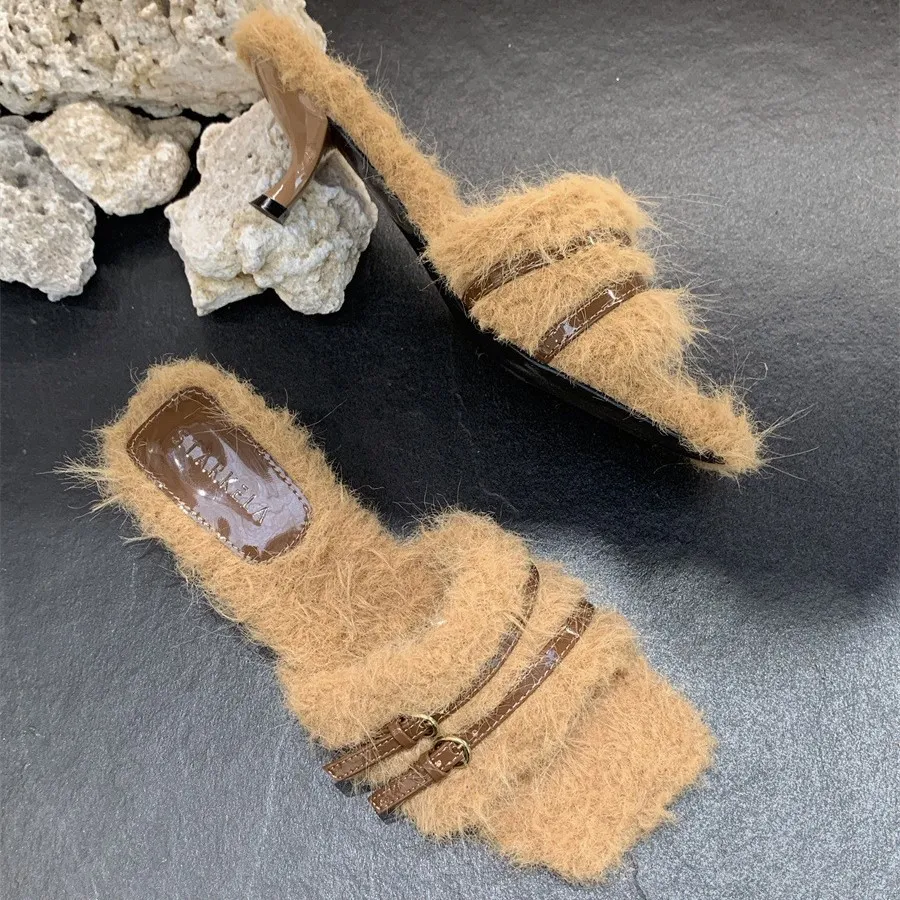 StarKeLa气质法式方头棕色一字拖猫跟小跟鞋凉鞋毛毛拖鞋女中跟鞋