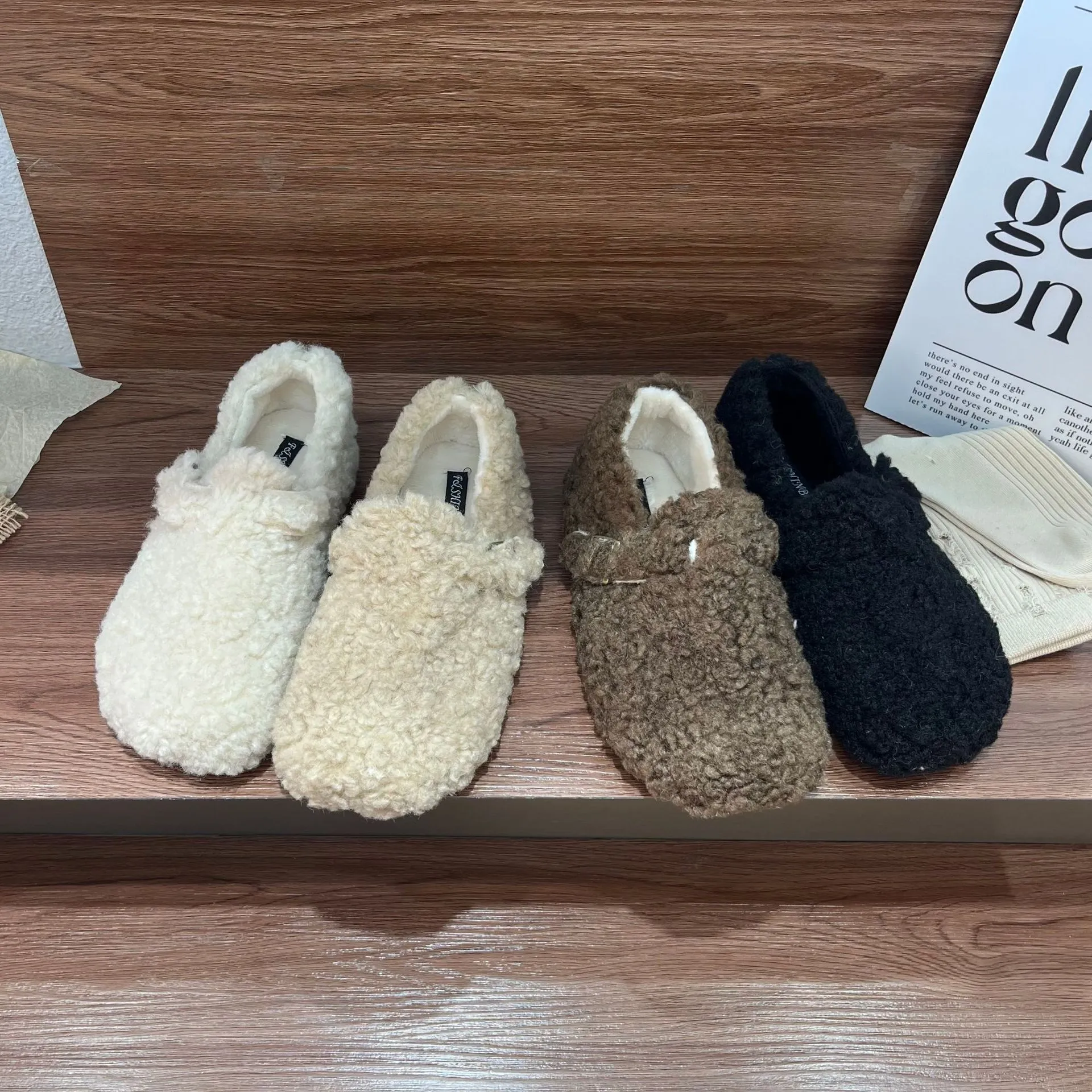 2024秋新款羊羔毛毛加绒皮带扣内增坡跟小众软底通勤玛丽珍女单鞋