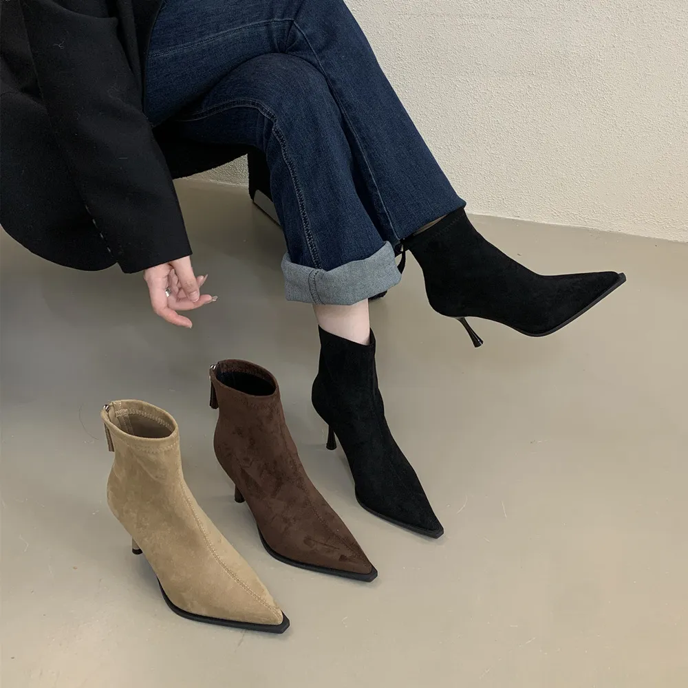 法式高跟尖头绒面卡其色瘦瘦靴短靴女2025新款秋冬靴