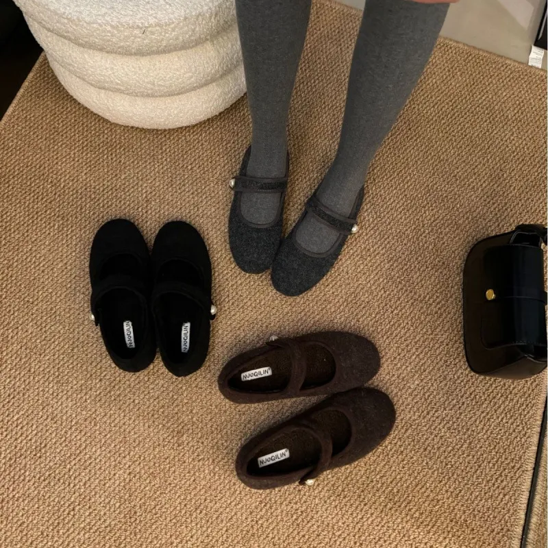 加绒平底咖色单鞋女鞋子秋冬保暖棉鞋韩版复古一字带玛丽珍毛毛鞋