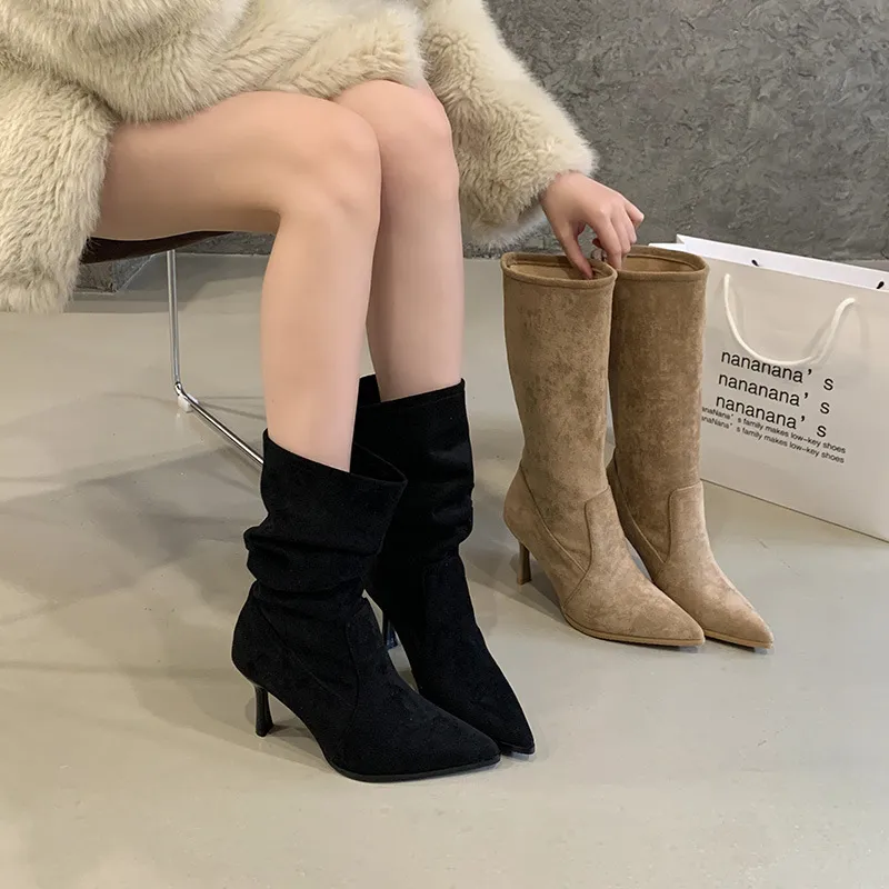 2025靴子女细跟2025新款尖头短靴高跟鞋显瘦中筒堆堆靴