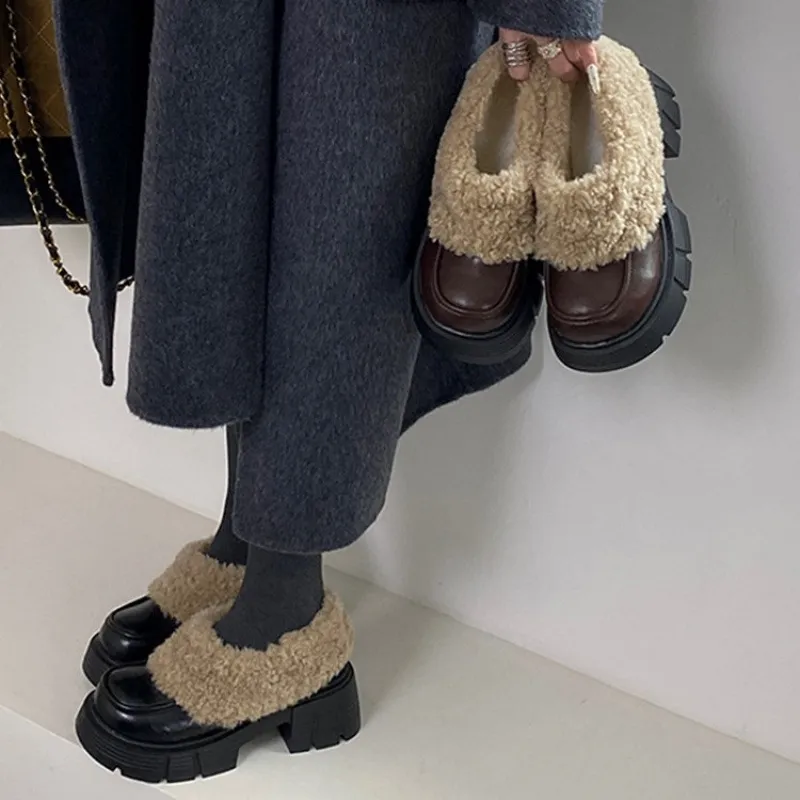 厚底乐福鞋女2025新款女鞋加绒鞋子冬季毛毛小皮鞋高跟鞋浅口单鞋