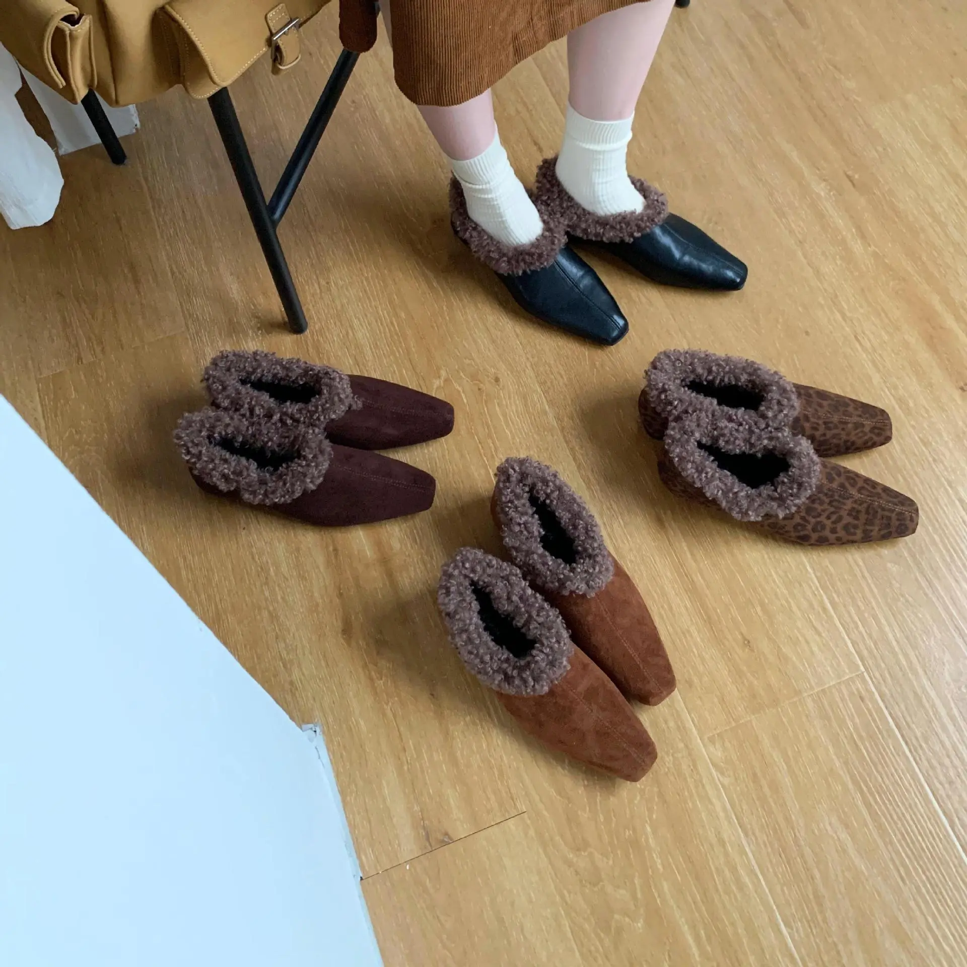 复古加绒保暖单鞋女秋冬新款时尚韩版黑色百搭显瘦毛毛内增高鞋女