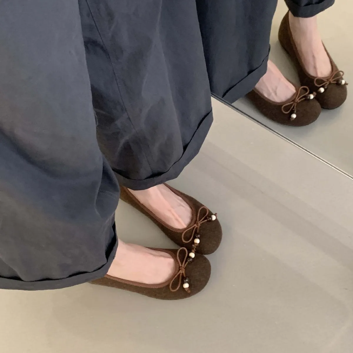 2025秋季新款韩版呢子简约蝴蝶结圆头软底内增高单鞋