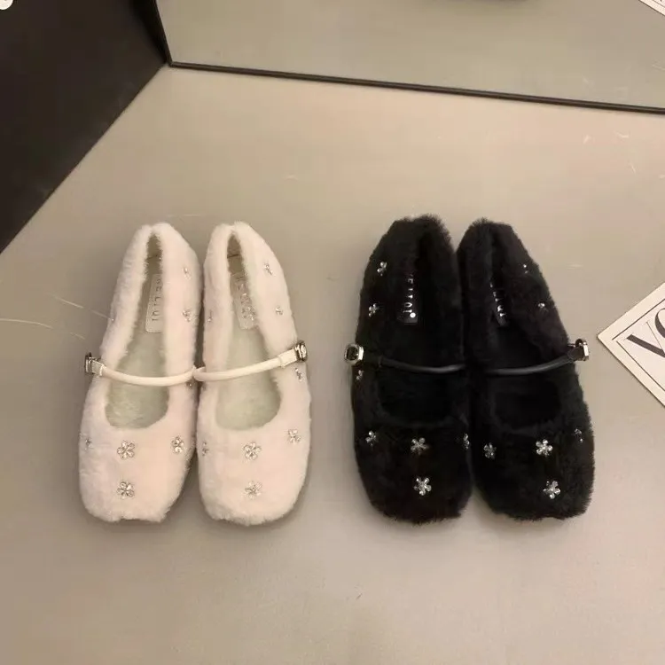 法式高级感黑色温柔毛毛鞋女秋冬外穿小香风加绒玛丽珍绒豆豆棉鞋