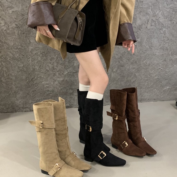 复古方头皮带扣翻折长靴女秋冬季新款粗高跟瘦腿长筒西部骑士靴子