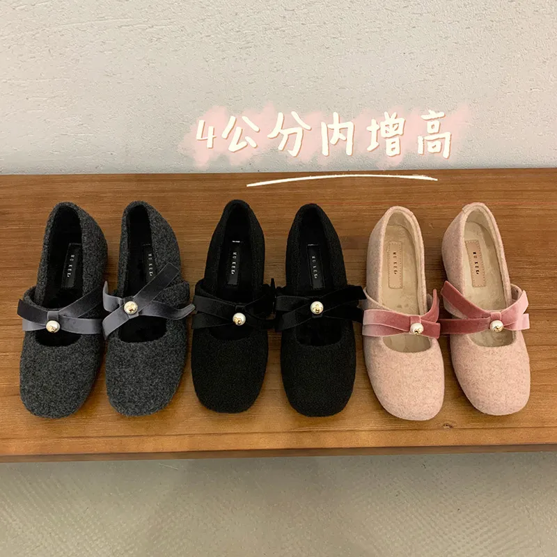 MUKEKe 温柔小香风玛丽珍鞋冬复古内增高4CM蝴蝶结珍珠单鞋女软底