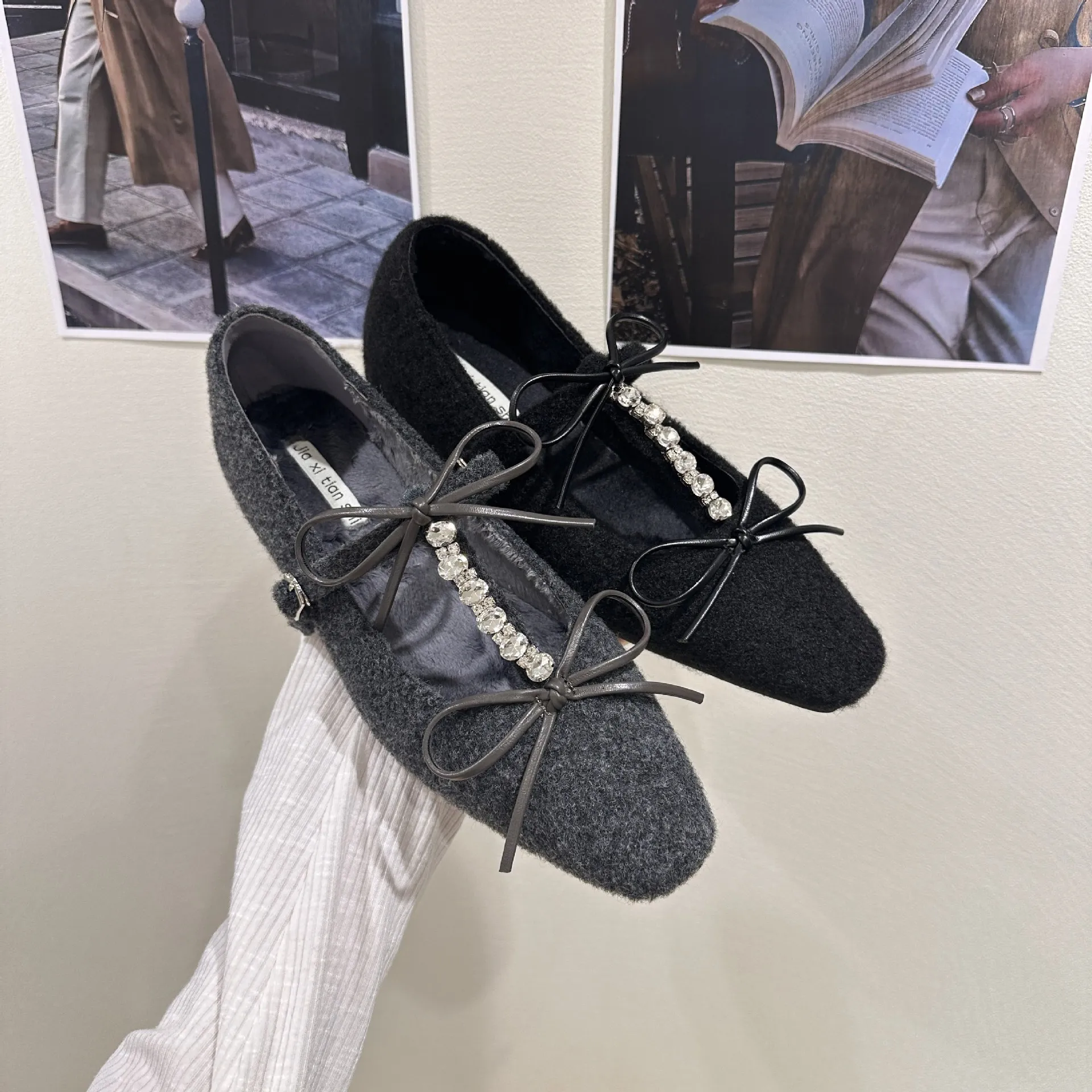 内增高灰色毛毛鞋水钻单鞋女鞋子2025新款秋冬季加绒玛丽珍晚晚鞋