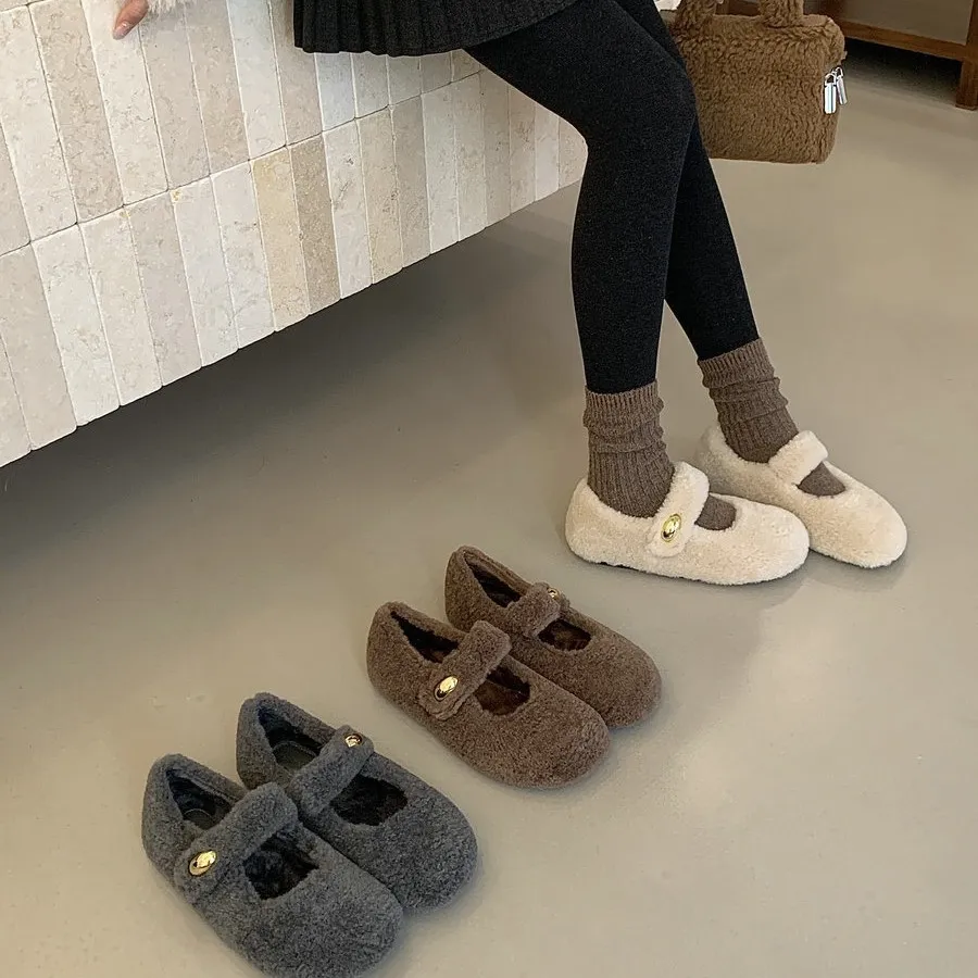 一脚蹬仙女风加绒保暖毛毛鞋外穿平底一字带圆头豆豆单鞋女秋冬季