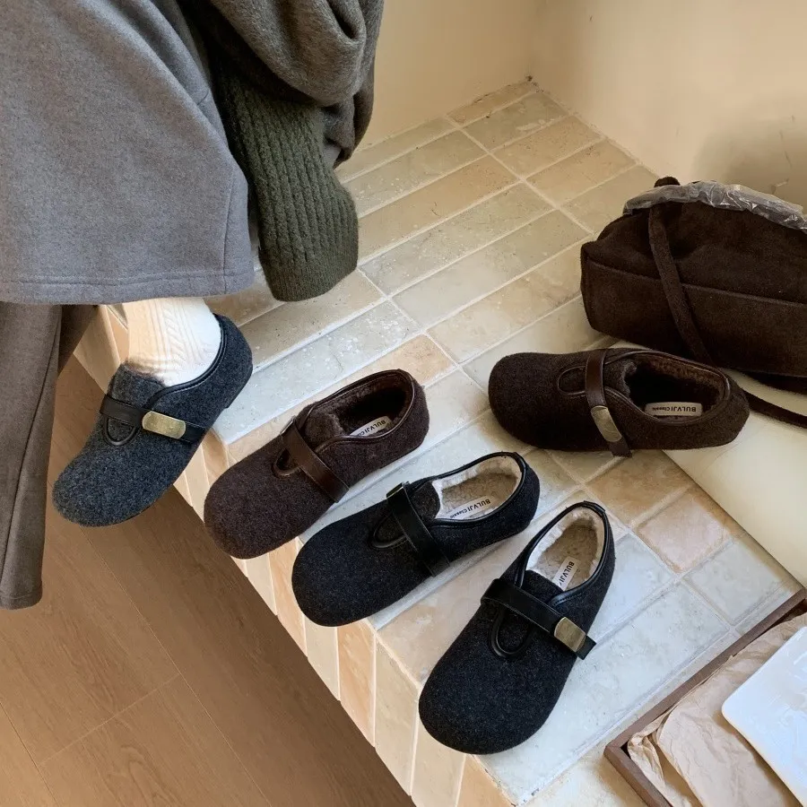 复古加绒一脚蹬玛丽珍鞋女2025新款玛丽珍鞋韩版一字带毛呢豆豆鞋