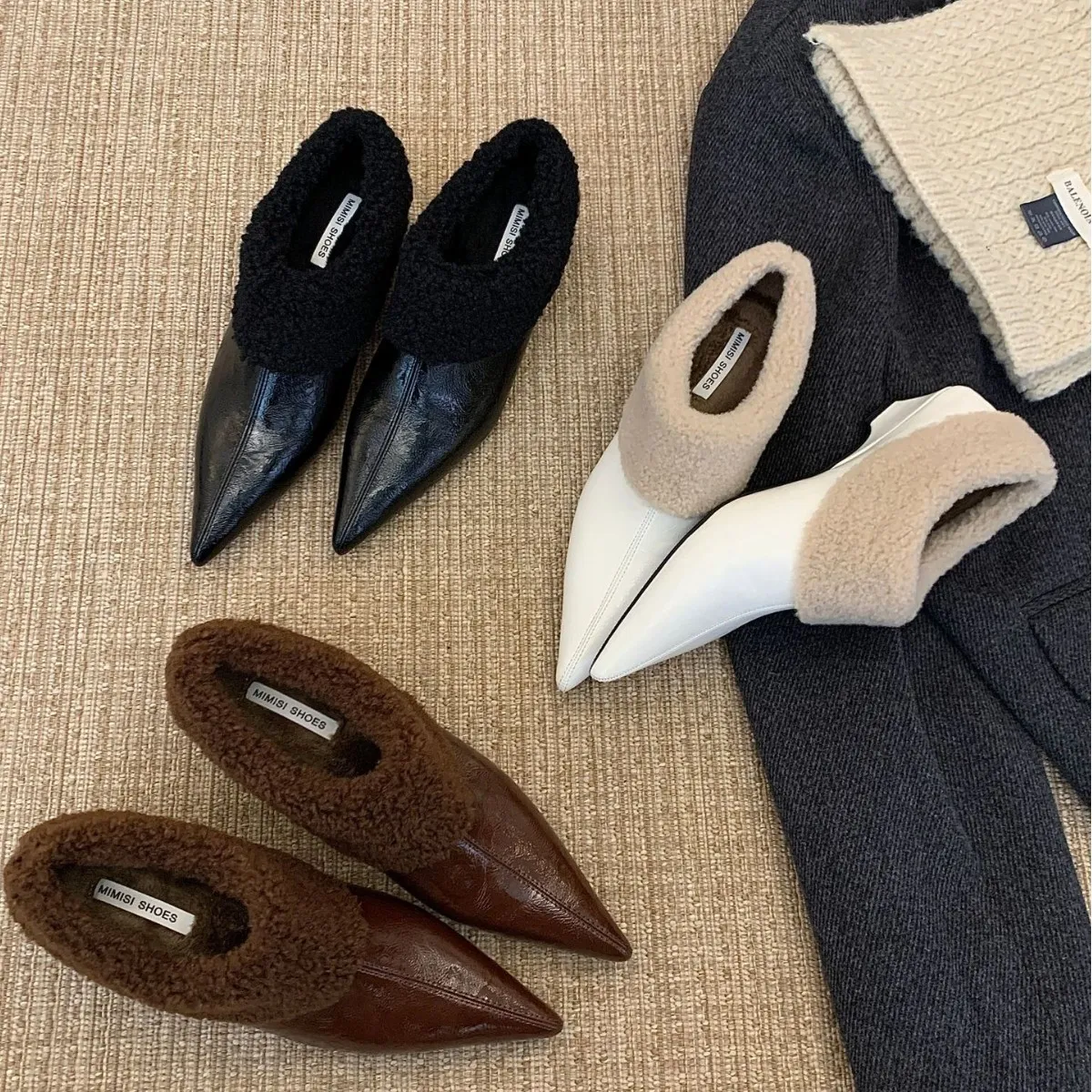 2025新款尖头卷毛矮粗跟外穿加绒保暖矮坡跟套脚女单鞋