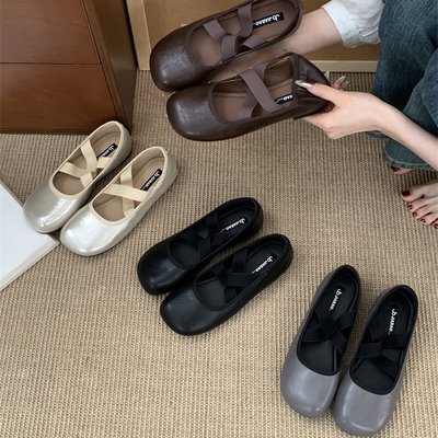 JB JIABAO 加宝复古圆头小众交叉带芭蕾浅口2025秋款法式玛丽珍鞋