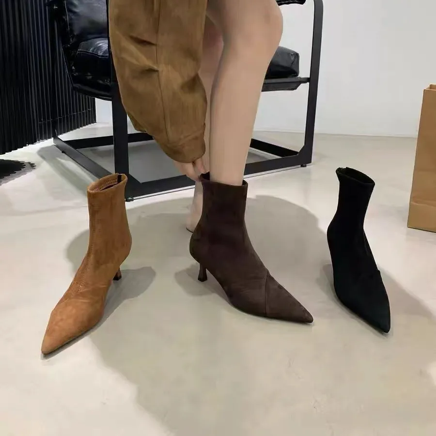 尖头靴子短靴女2025新款秋冬季细跟女靴瘦瘦靴加绒靴高跟鞋马丁靴