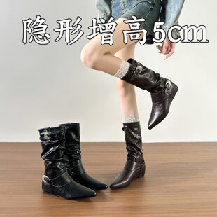 尖头内增高粗跟堆堆靴切尔西部牛仔短靴中筒女式皮靴马丁靴子女