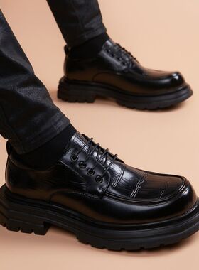 男婚鞋黑色厚底增高圆头头层牛皮男士休闲皮鞋英伦商务男鞋新款鞋