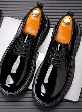 皮鞋男士港风亮面牛皮休闲鞋黑色圆头青年西装大头皮鞋潮一件新款