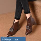 尖头水钻方扣高跟鞋 新款 软皮瘦瘦靴子 短靴女粗跟2025年秋冬季 时尚