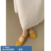 绒面浅口平底单鞋 羊皮版 女春秋新款 复圆方头蝴蝶结玛丽珍鞋 法式