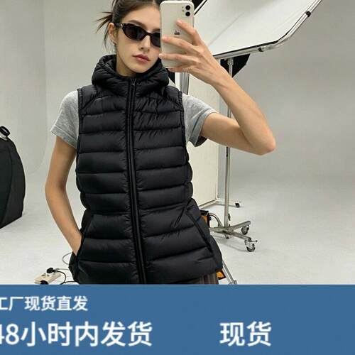 连帽夹棉排骨马甲女极简风防风保暖短款麵包服秋季百搭款坎肩外套