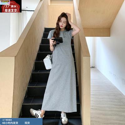 灰色韩系松弛感短袖连衣裙女中长款2025夏季慵懒风宽松休闲T恤