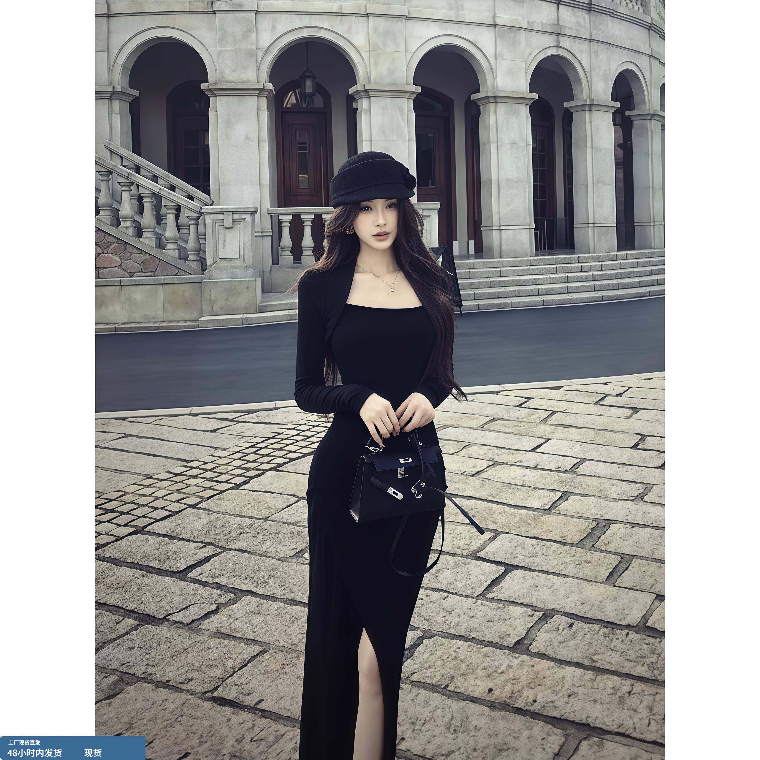 纯欲御姐风气质方领长袖连衣裙女秋季新款修身显瘦包臀开叉长裙子