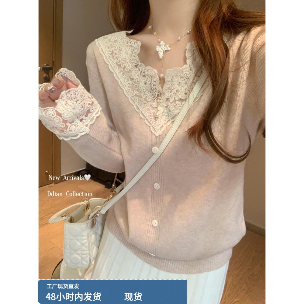 秋冬新款v领纯欲望蕾丝拼接漂亮底衫女士高底内针织衫针织衫上衣