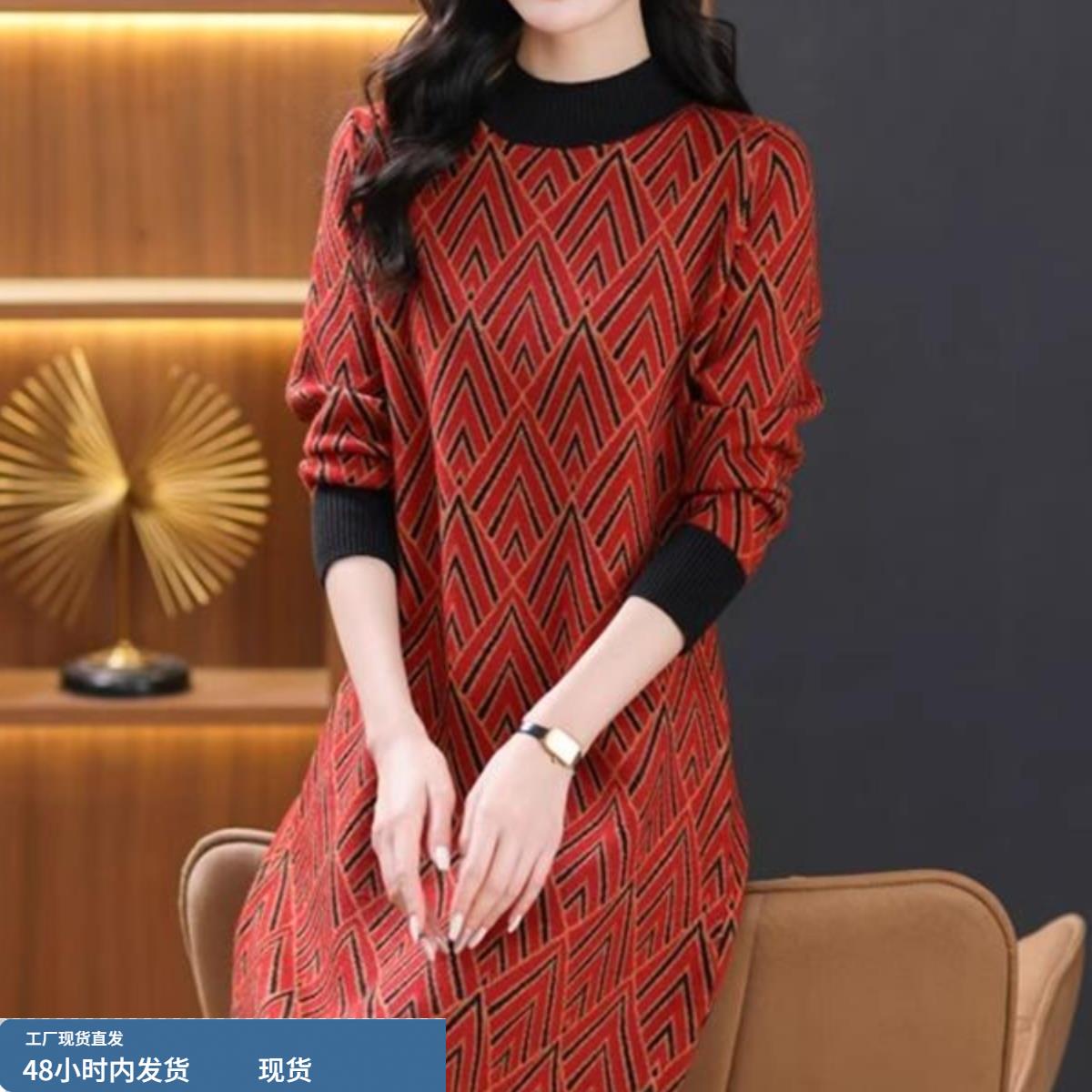 2025秋冬新款半高领加厚条纹针织连衣裙女宽松显瘦气质长款毛衣裙