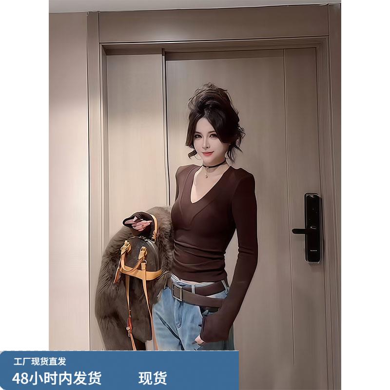 韩系慵懒风气质套头V领纯色T恤女秋冬新款修身显瘦百搭打底衫上衣