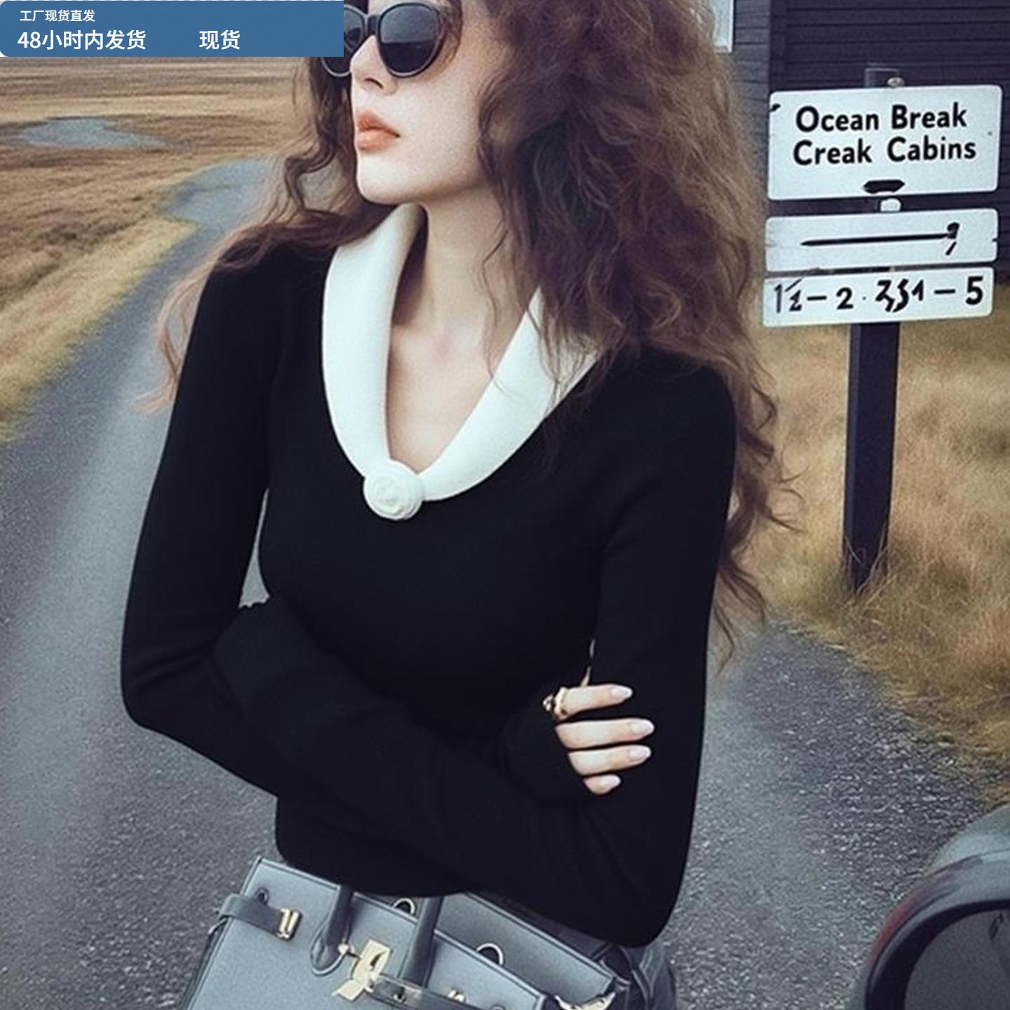 v领长袖毛衣针织衫女款2025新款今年流行爆款秋冬内搭打底衫上衣