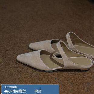 一字带低跟凉鞋 羊皮版 女外穿平底穆勒半托凉拖鞋 包头半拖鞋 法式
