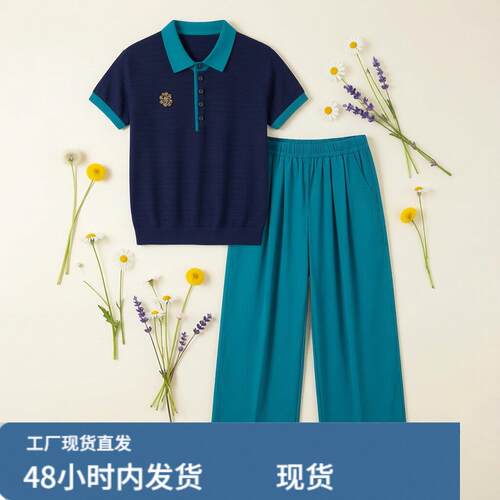 巨好看洋派多巴胺显白天丝针织短袖上衣套装2026夏休闲裤两件套女