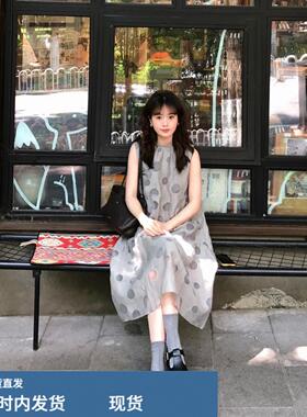 复古灰色波点圆领无袖背心长裙女夏季小个子休闲宽松文艺蛋糕裙