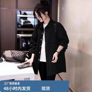 黑色长袖牛仔衬衫女款2026新款春季中长款衬衣宽松休闲上衣