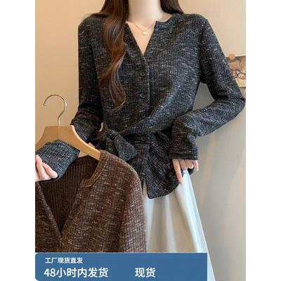 大码女装2025新款秋季设计感上衣减龄款胖MM蝴蝶结掐腰针织开衫女