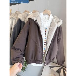 座山雕毛绒连帽棉服女2025秋冬新款韩版宽松显瘦棉衣外套短款棉袄