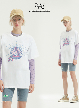 AHA爱侈艾·珍珠贝壳立体钉珠印花创意纯棉短袖T恤女夏季宽松上衣