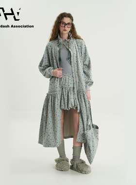 AHA爱侈艾·甜美复古小碎花少女百搭大廓形弹力拉链长款风衣外套