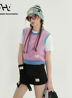 AHA爱侈艾·羊驼毛柔软马卡龙拼色甜美休闲学院风短款马甲背心