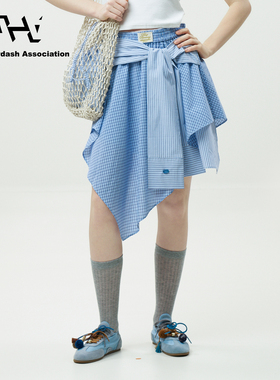 AHA爱侈艾·时髦运动风松紧腰25夏不对称半身裙腰部绑带格纹短裙