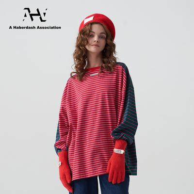 大廓形条纹拼色套头T恤针织衫