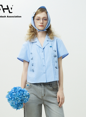 AHA爱侈艾·【邢菲同款】清新涂鸦刺绣花边古巴领压褶短袖衬衫