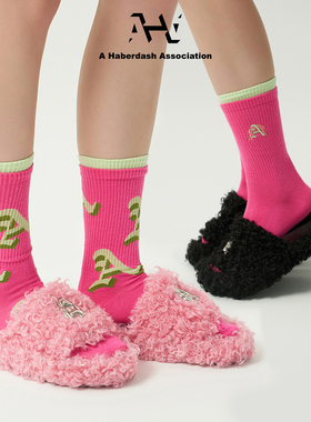 AHA爱侈艾·彩色A字母拼接撞色分层式提花刺绣罗纹针织中筒袜子