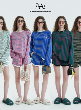 AHA爱侈艾·【徐艺洋宋亚轩同款】条纹刺绣长袖短裤慵懒两件套装