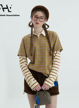 AHA爱侈艾·【徐艺洋姜妍艾米左奇函】百搭条纹拼色POLO复古上衣