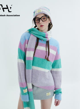 AHA爱侈艾·【明星同款】彩虹条纹羊驼毛混纺软糯圆领宽松毛衣