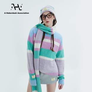 AHA爱侈艾· 彩虹条纹羊驼毛混纺软糯圆领宽松毛衣 明星同款