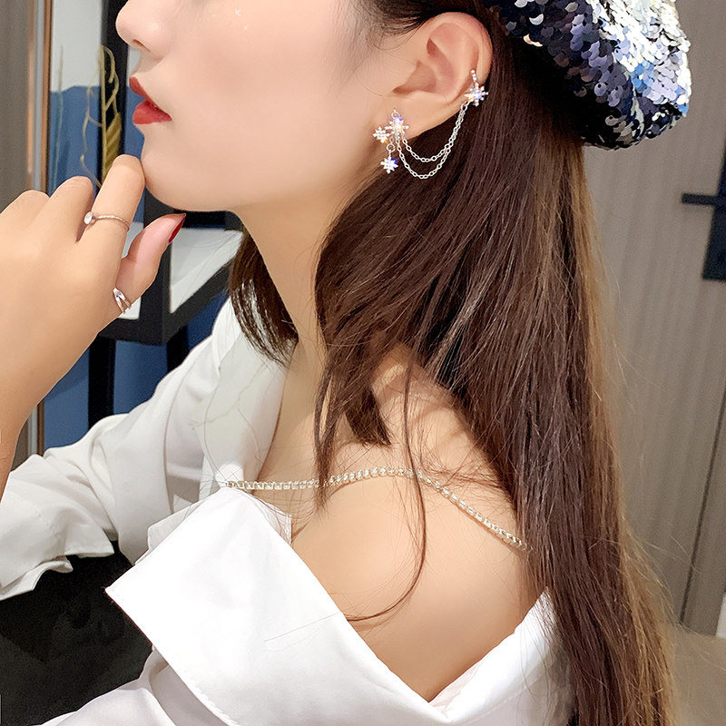 S925银针韩国气质网红款八芒星耳骨夹耳环2019新款潮镶钻酷帅耳饰