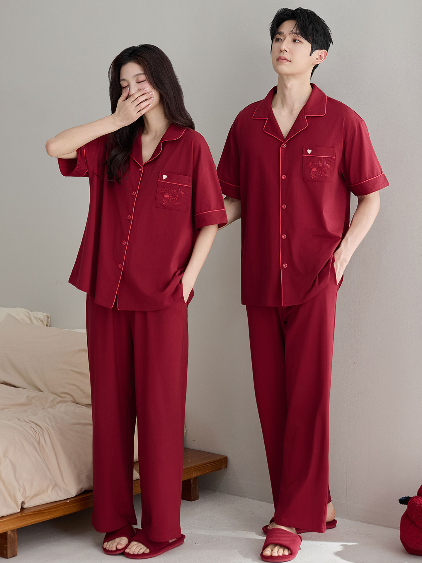 Bordo pijama dəsti - yay üçün qısaqol şalvar, tikməli