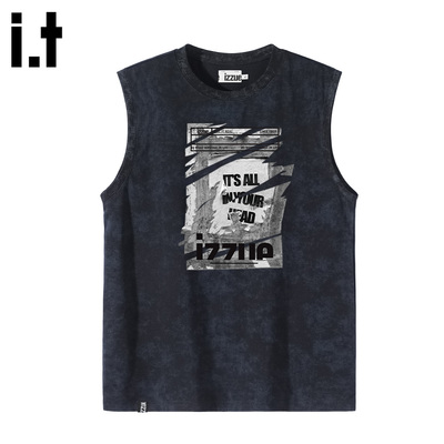 it izzue新款无袖背心男2025夏潮牌运动健身砍肩T恤宽松蜡染马甲A
